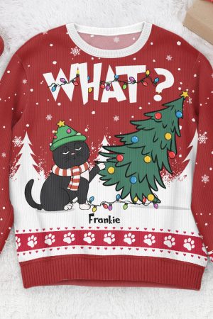 Cat What - Christmas Tree - Personalized Ugly Sweater