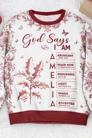 God Says I Am Name Letter In Bible Toile De Jouy Style - Personalized Ugly Sweater