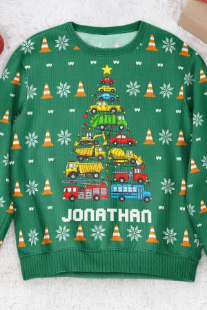 Kid Christmas Tree Construction And Dinosaur - Personalized Ugly Sweater
