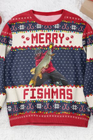 Merry Fishmas Gift For Fishing Lovers - Personalized Photo Ugly Sweater